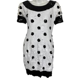Black Tie Oleg Cassini Vintage 100% Silk Allover Sequin Dots Formal Dress sz 10